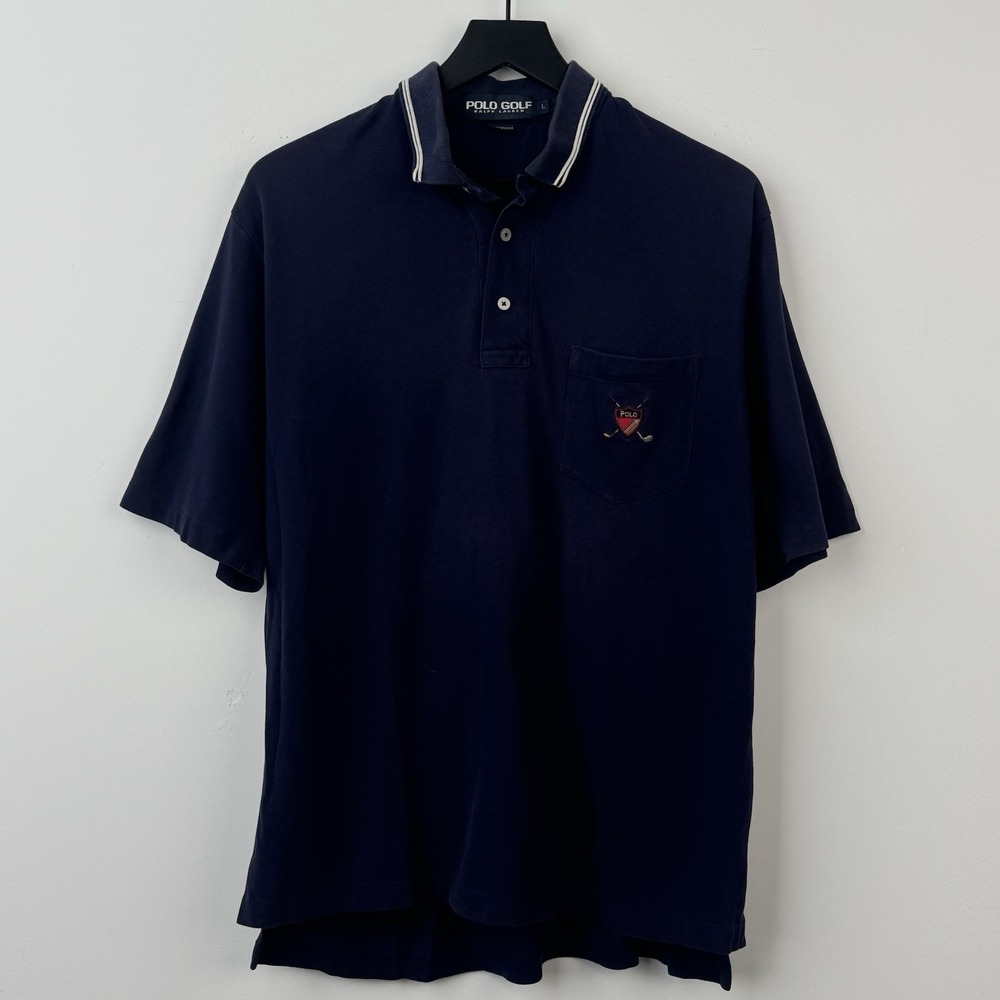 VTG Polo Golf Ralph Lauren Shirt Mens L Navy Embroidered Crest Chest Casual 90s
